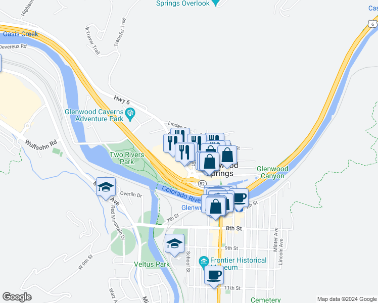 map of restaurants, bars, coffee shops, grocery stores, and more near 151 West 6th Street in Glenwood Springs