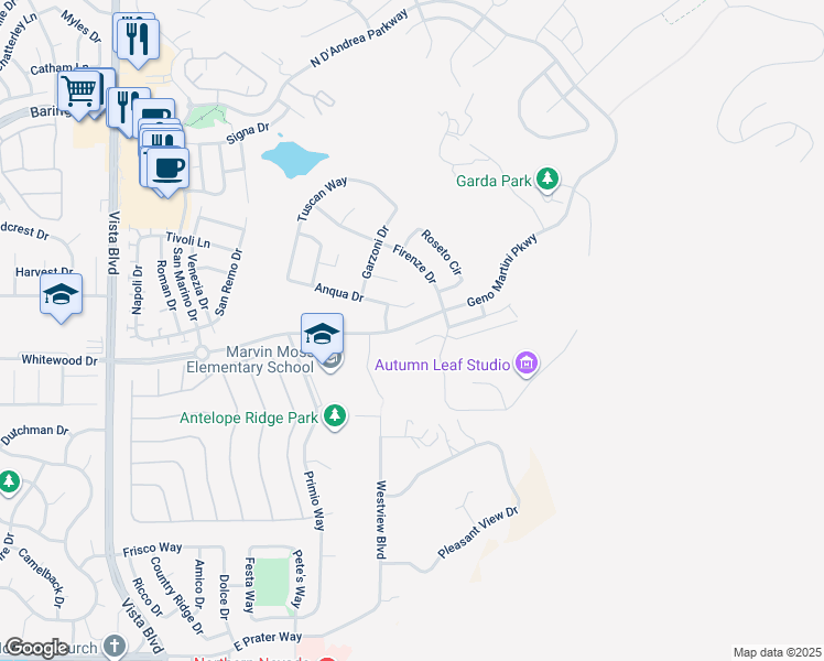 map of restaurants, bars, coffee shops, grocery stores, and more near 2399 Novara Drive in Sparks