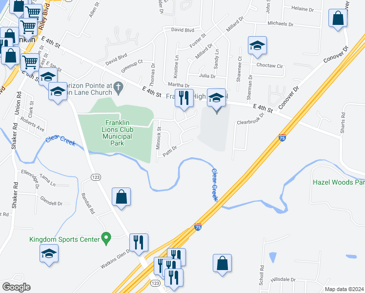 map of restaurants, bars, coffee shops, grocery stores, and more near 90 Patti Drive in Franklin