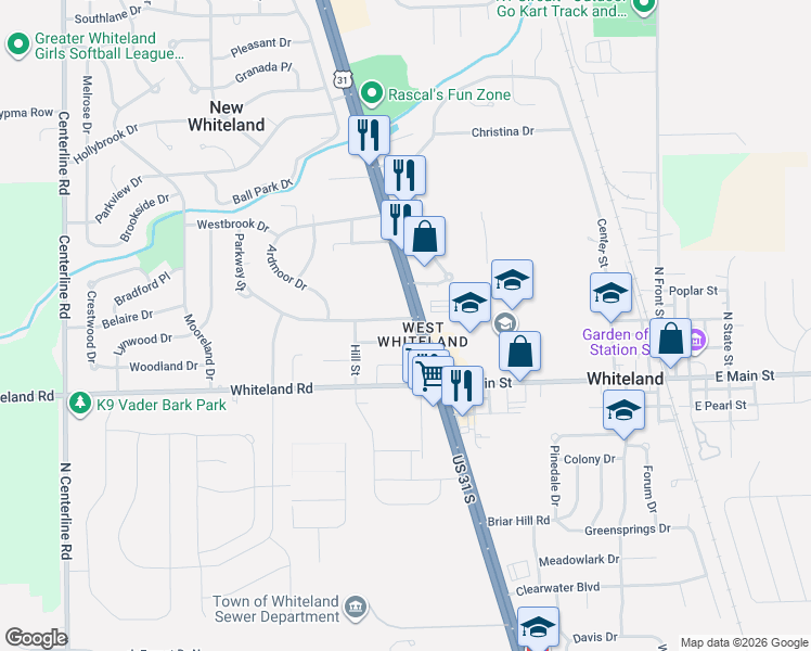 map of restaurants, bars, coffee shops, grocery stores, and more near 670 Parkway Street in Whiteland