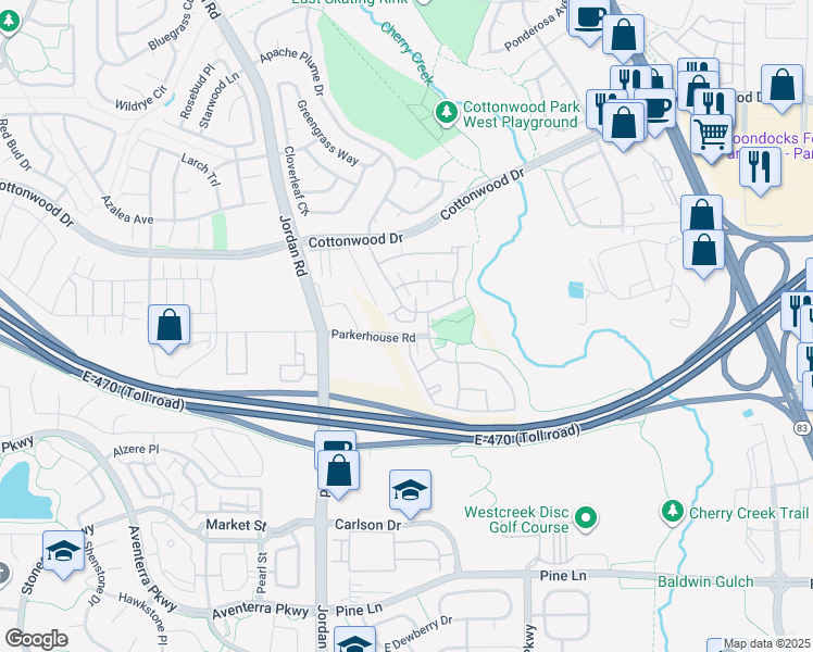 map of restaurants, bars, coffee shops, grocery stores, and more near 9039 Apache Plume Drive in Parker