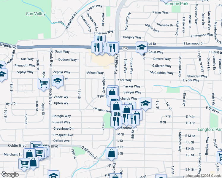 map of restaurants, bars, coffee shops, grocery stores, and more near in Sparks