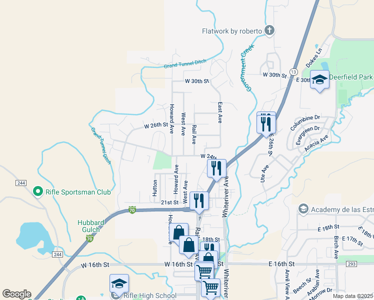 map of restaurants, bars, coffee shops, grocery stores, and more near 2415 Rail Avenue in Rifle