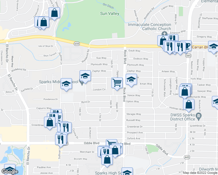 map of restaurants, bars, coffee shops, grocery stores, and more near 1641 London Circle in Sparks