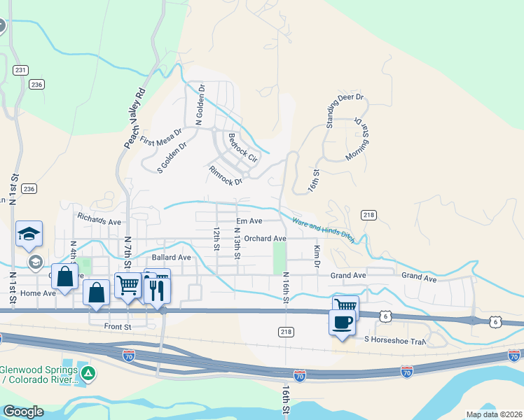 map of restaurants, bars, coffee shops, grocery stores, and more near 1412 Em Avenue in Silt