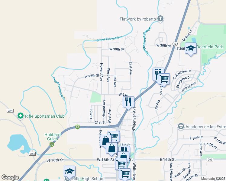 map of restaurants, bars, coffee shops, grocery stores, and more near 2415 Rail Avenue in Rifle