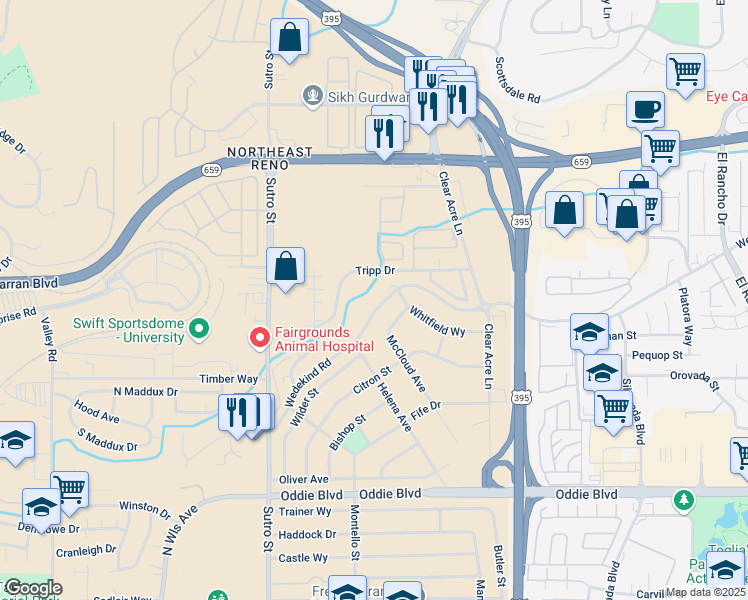 map of restaurants, bars, coffee shops, grocery stores, and more near 2095 Highview Court in Reno