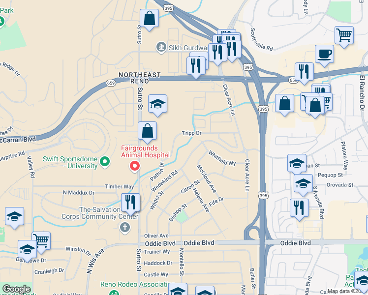 map of restaurants, bars, coffee shops, grocery stores, and more near 2095 Highview Court in Reno