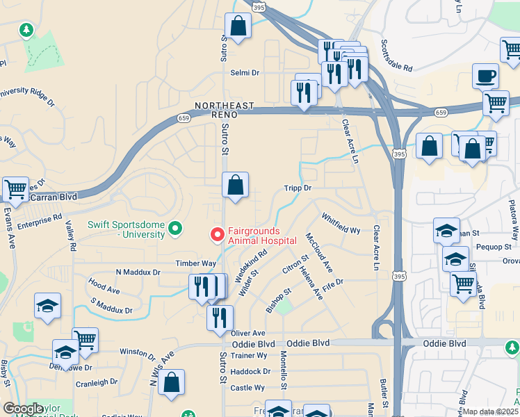 map of restaurants, bars, coffee shops, grocery stores, and more near 2315 Tripp Drive in Reno