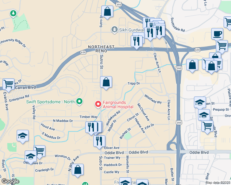 map of restaurants, bars, coffee shops, grocery stores, and more near 2315 Tripp Drive in Reno