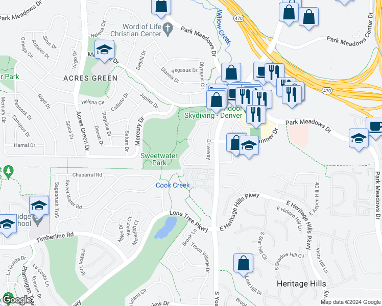 map of restaurants, bars, coffee shops, grocery stores, and more near 11 Driveway in Lone Tree