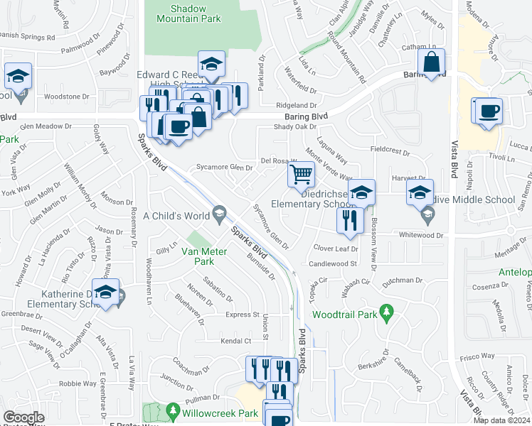 map of restaurants, bars, coffee shops, grocery stores, and more near 2252 Sycamore Glen Drive in Sparks