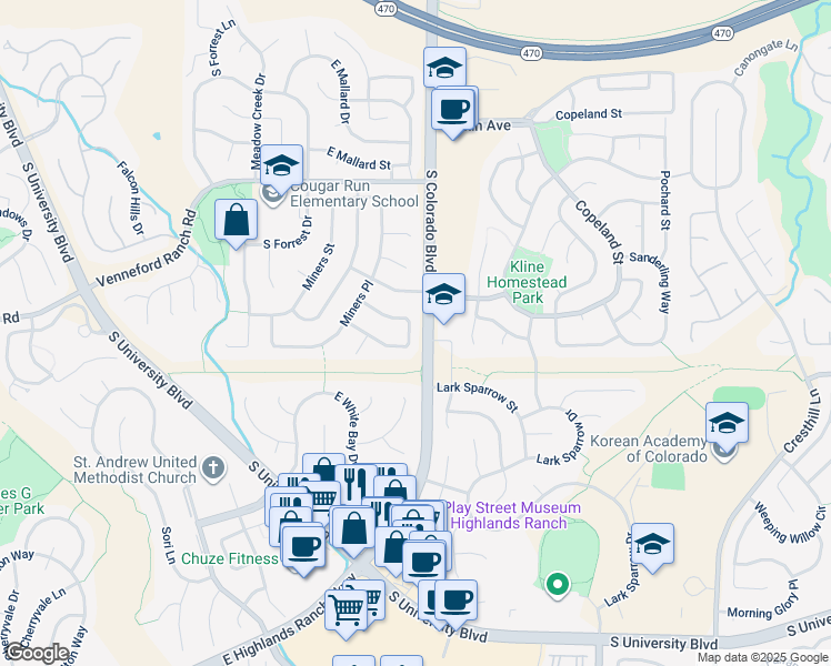 map of restaurants, bars, coffee shops, grocery stores, and more near 3885 Garnet Way in Littleton