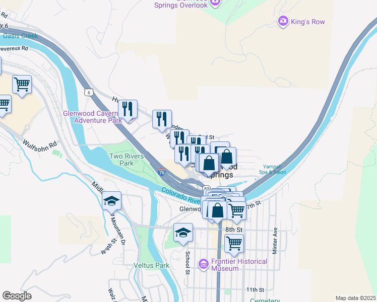 map of restaurants, bars, coffee shops, grocery stores, and more near 151 West 6th Street in Glenwood Springs