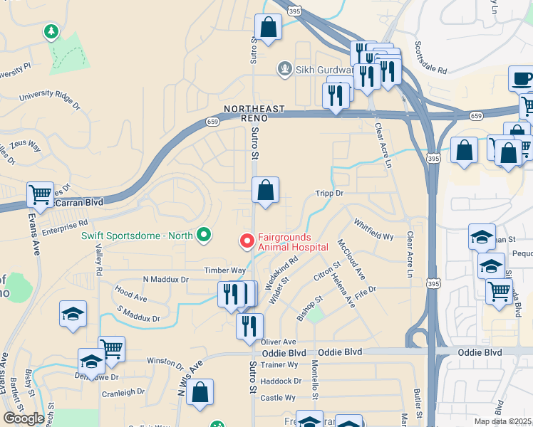 map of restaurants, bars, coffee shops, grocery stores, and more near 2530 Sutro Street in Reno