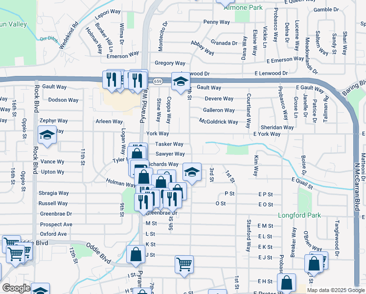 map of restaurants, bars, coffee shops, grocery stores, and more near 505 Tasker Way in Sparks