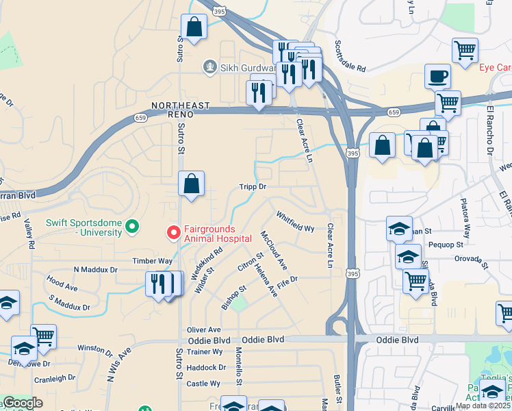 map of restaurants, bars, coffee shops, grocery stores, and more near 2095 Highview Court in Reno