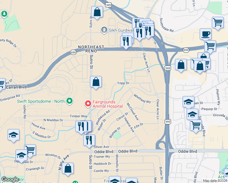 map of restaurants, bars, coffee shops, grocery stores, and more near 2315 Tripp Drive in Reno