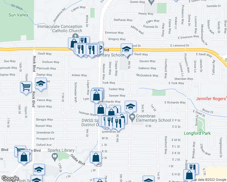 map of restaurants, bars, coffee shops, grocery stores, and more near 665 Tasker Way in Sparks