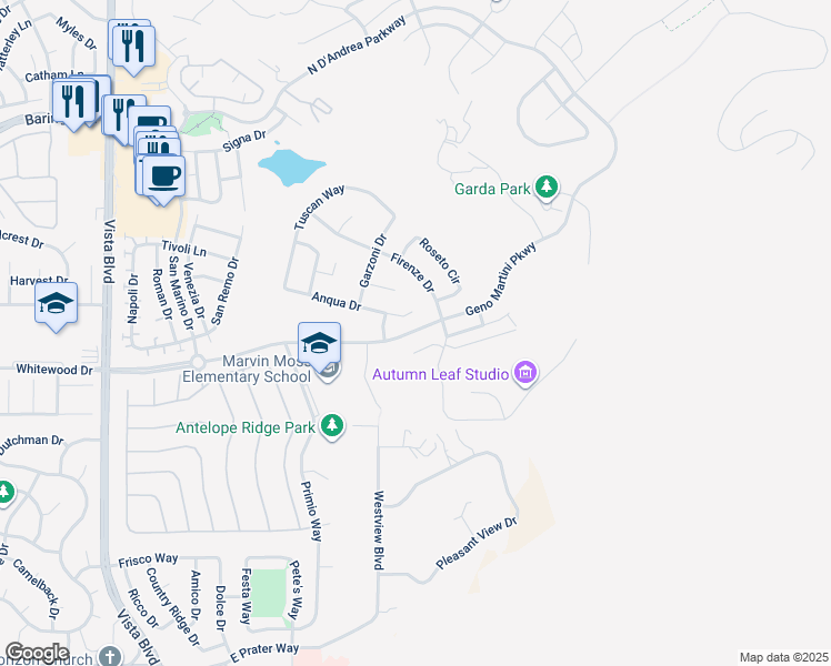 map of restaurants, bars, coffee shops, grocery stores, and more near 2399 Novara Drive in Sparks