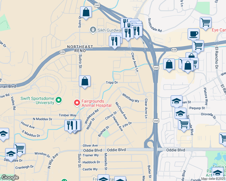 map of restaurants, bars, coffee shops, grocery stores, and more near 2095 Highview Court in Reno