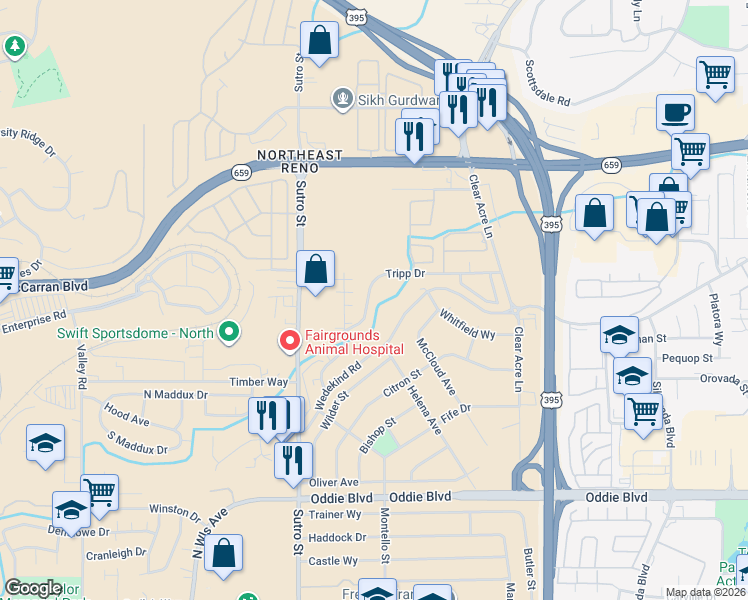 map of restaurants, bars, coffee shops, grocery stores, and more near 2315 Tripp Drive in Reno
