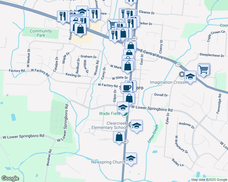 map of restaurants, bars, coffee shops, grocery stores, and more near 65 West Factory Road in Springboro