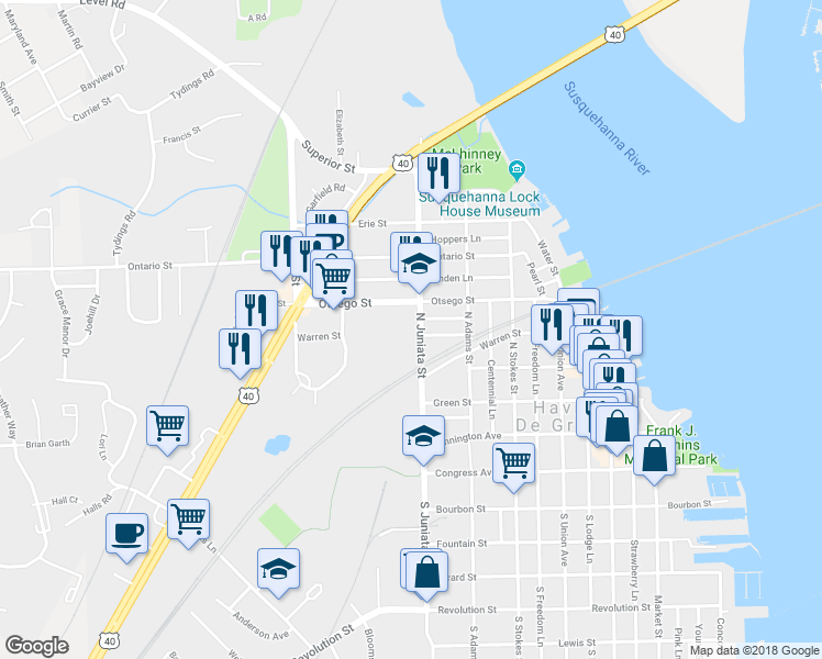 map of restaurants, bars, coffee shops, grocery stores, and more near 502 North Juniata Street in Havre de Grace