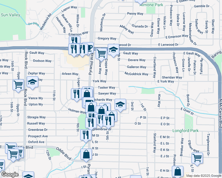 map of restaurants, bars, coffee shops, grocery stores, and more near 505 Tasker Way in Sparks
