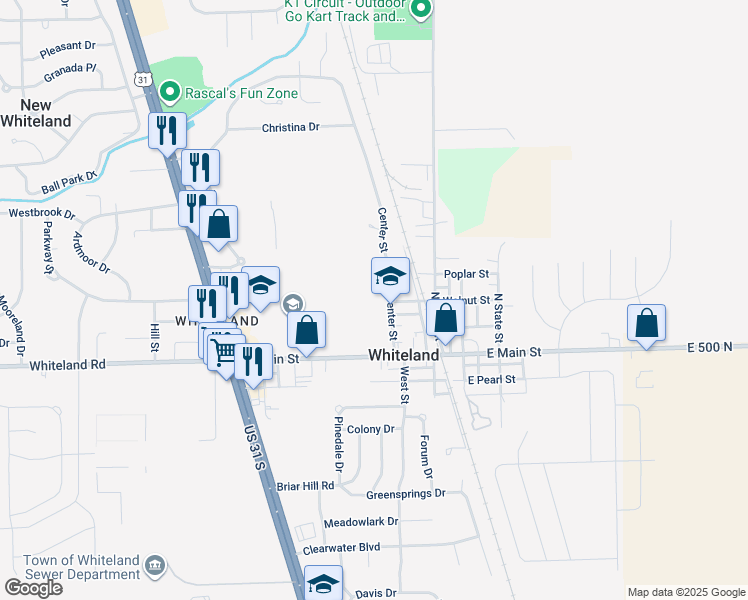 map of restaurants, bars, coffee shops, grocery stores, and more near 120 Center Street in Whiteland