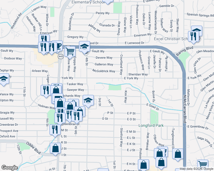 map of restaurants, bars, coffee shops, grocery stores, and more near 213 Sawyer Way in Sparks