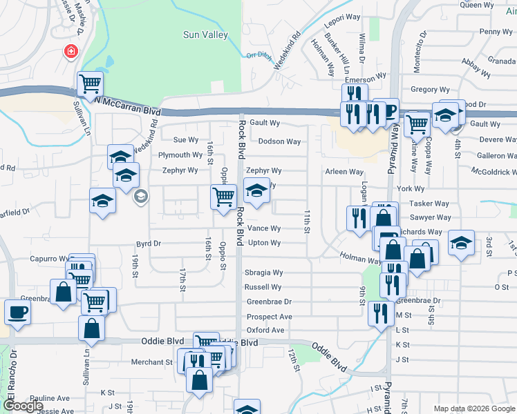 map of restaurants, bars, coffee shops, grocery stores, and more near 2300 Rock Boulevard in Sparks