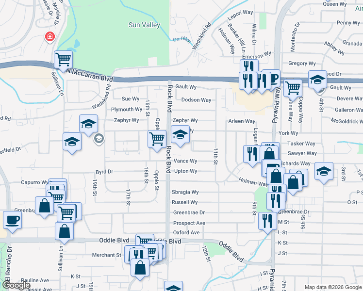 map of restaurants, bars, coffee shops, grocery stores, and more near 2300 Rock Boulevard in Sparks