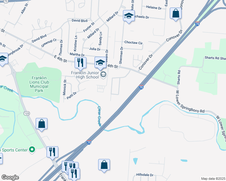 map of restaurants, bars, coffee shops, grocery stores, and more near 210 Clearbrook Drive in Franklin