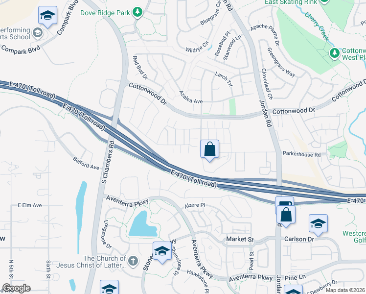 map of restaurants, bars, coffee shops, grocery stores, and more near E-470 Toll in Parker