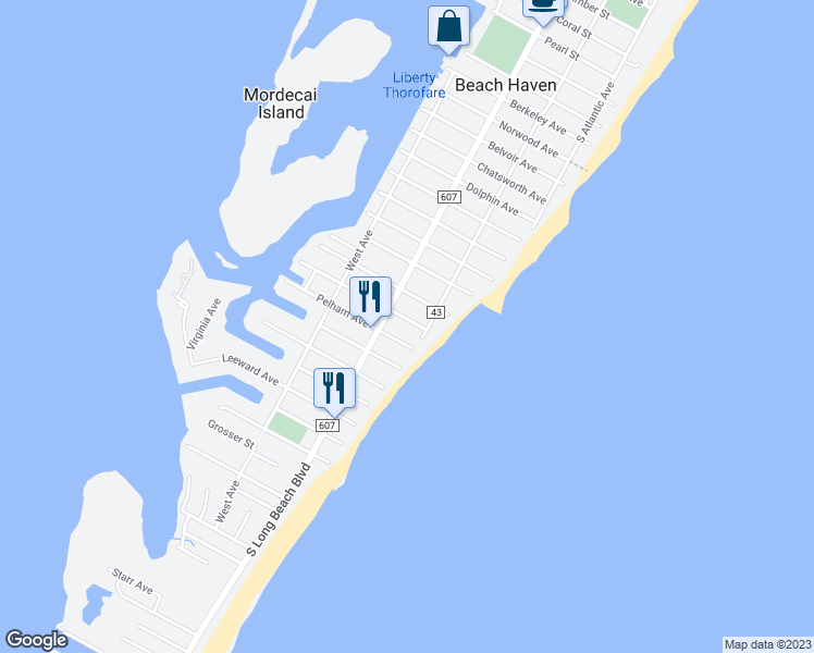 map of restaurants, bars, coffee shops, grocery stores, and more near 206 Liberty Avenue in Beach Haven