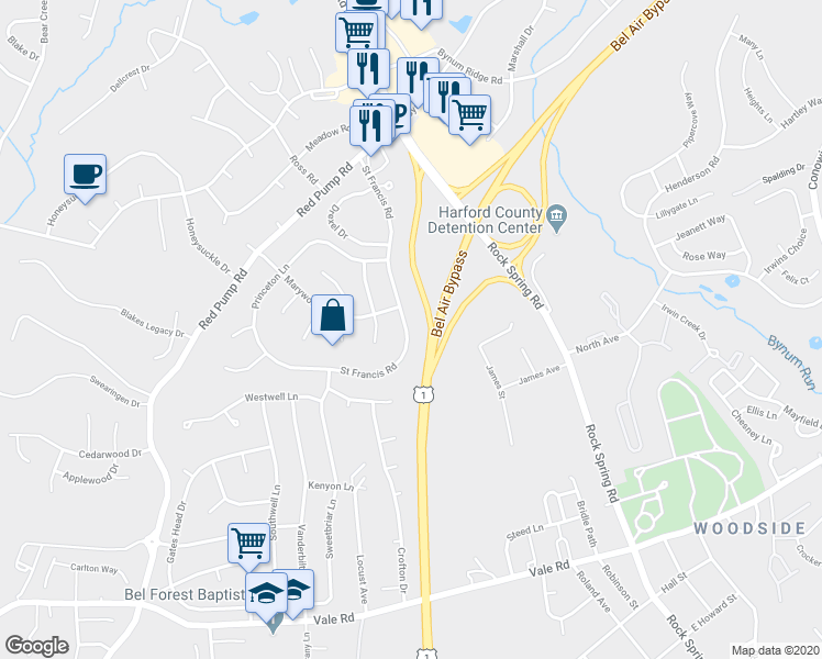 map of restaurants, bars, coffee shops, grocery stores, and more near 1235 Saint Francis Road in Bel Air