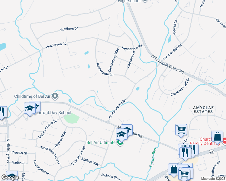 map of restaurants, bars, coffee shops, grocery stores, and more near 1109 Glastonbury Way in Bel Air