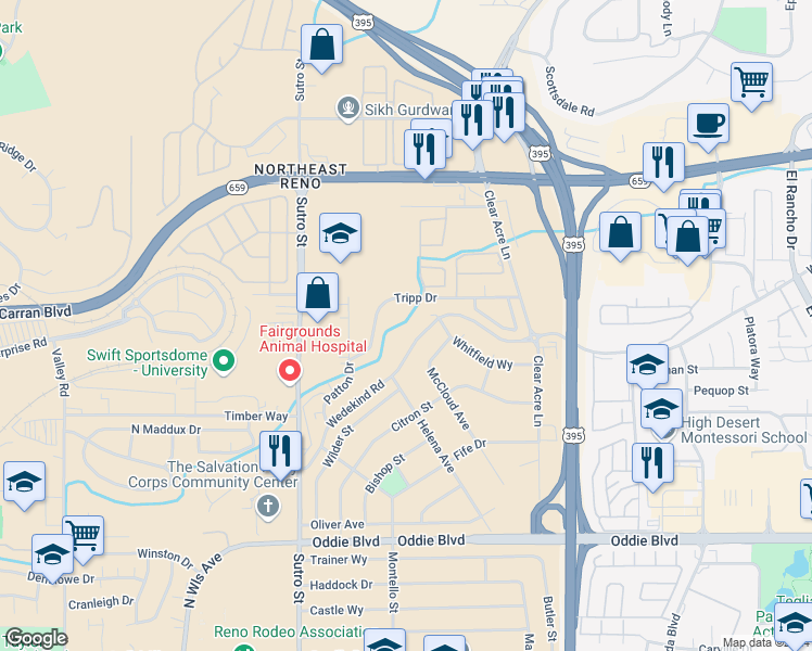 map of restaurants, bars, coffee shops, grocery stores, and more near 2095 Highview Court in Reno