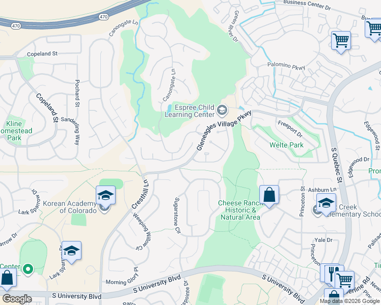 map of restaurants, bars, coffee shops, grocery stores, and more near 32 Shetland Court in Littleton