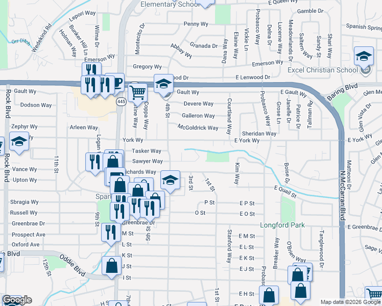 map of restaurants, bars, coffee shops, grocery stores, and more near 240 Sawyer Way in Sparks