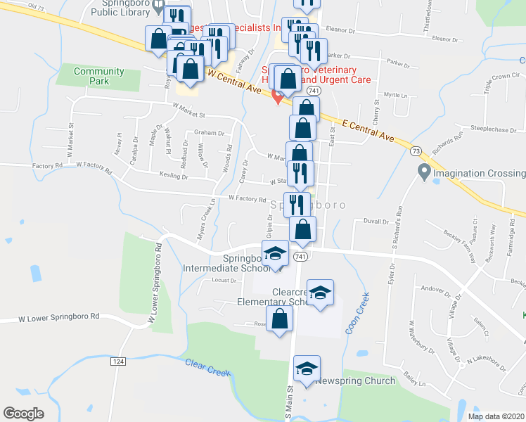 map of restaurants, bars, coffee shops, grocery stores, and more near 435 Gilpin Drive in Springboro