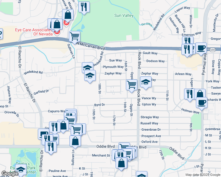 map of restaurants, bars, coffee shops, grocery stores, and more near 1735 Manchester Way in Sparks