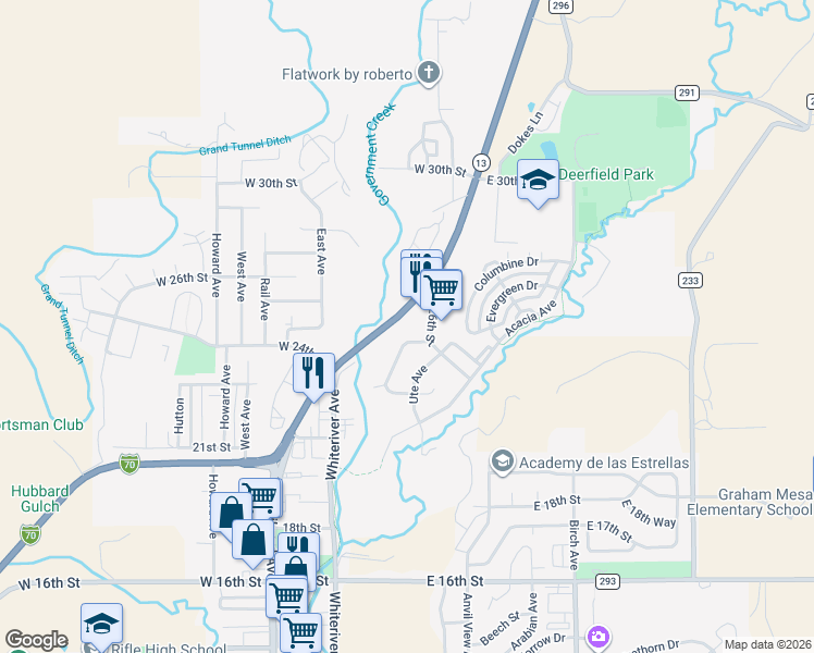 map of restaurants, bars, coffee shops, grocery stores, and more near 2525 Meadow Circle in Rifle