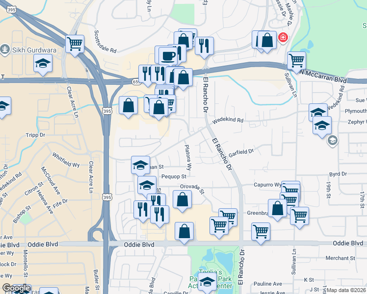 map of restaurants, bars, coffee shops, grocery stores, and more near 2265 Platora Way in Reno