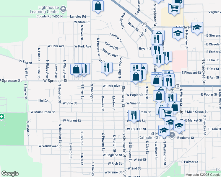 map of restaurants, bars, coffee shops, grocery stores, and more near 812 West Park Boulevard in Taylorville
