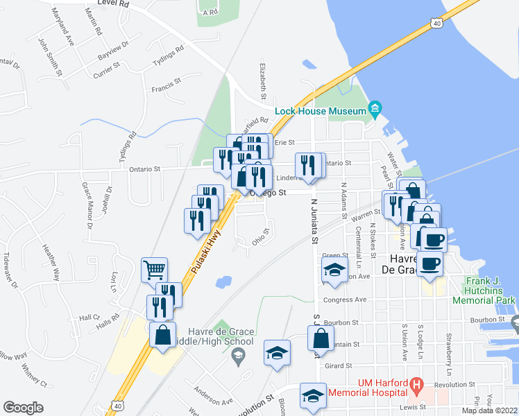 map of restaurants, bars, coffee shops, grocery stores, and more near 907 Warren Street in Havre de Grace