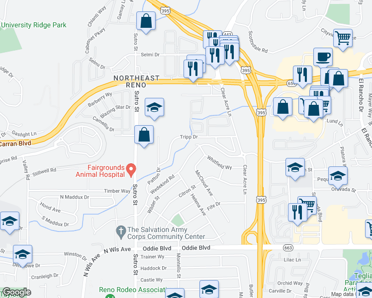 map of restaurants, bars, coffee shops, grocery stores, and more near 2101 Highview Court in Reno