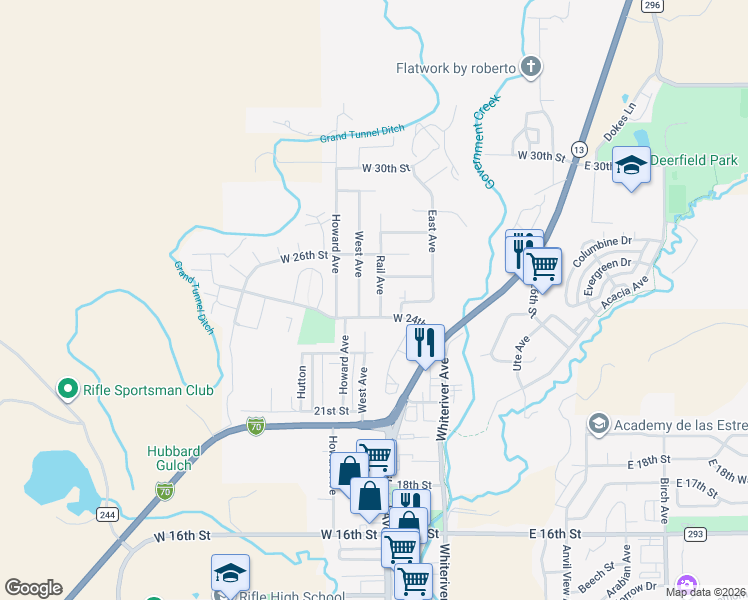 map of restaurants, bars, coffee shops, grocery stores, and more near 2413 Rail Avenue in Rifle