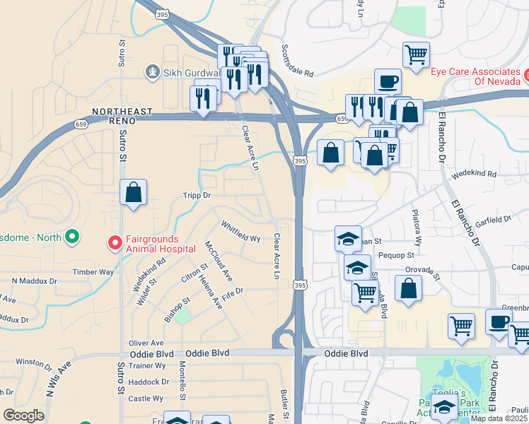 map of restaurants, bars, coffee shops, grocery stores, and more near 3534 Willow Hills Circle in Reno